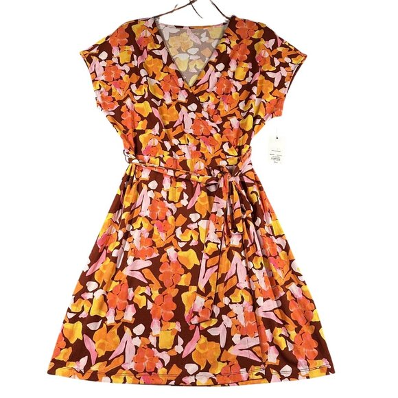 Nine West Dress Womens Large Floral V-Neck Short Sleeve Belted Wrap NWT - Picture 1 of 13